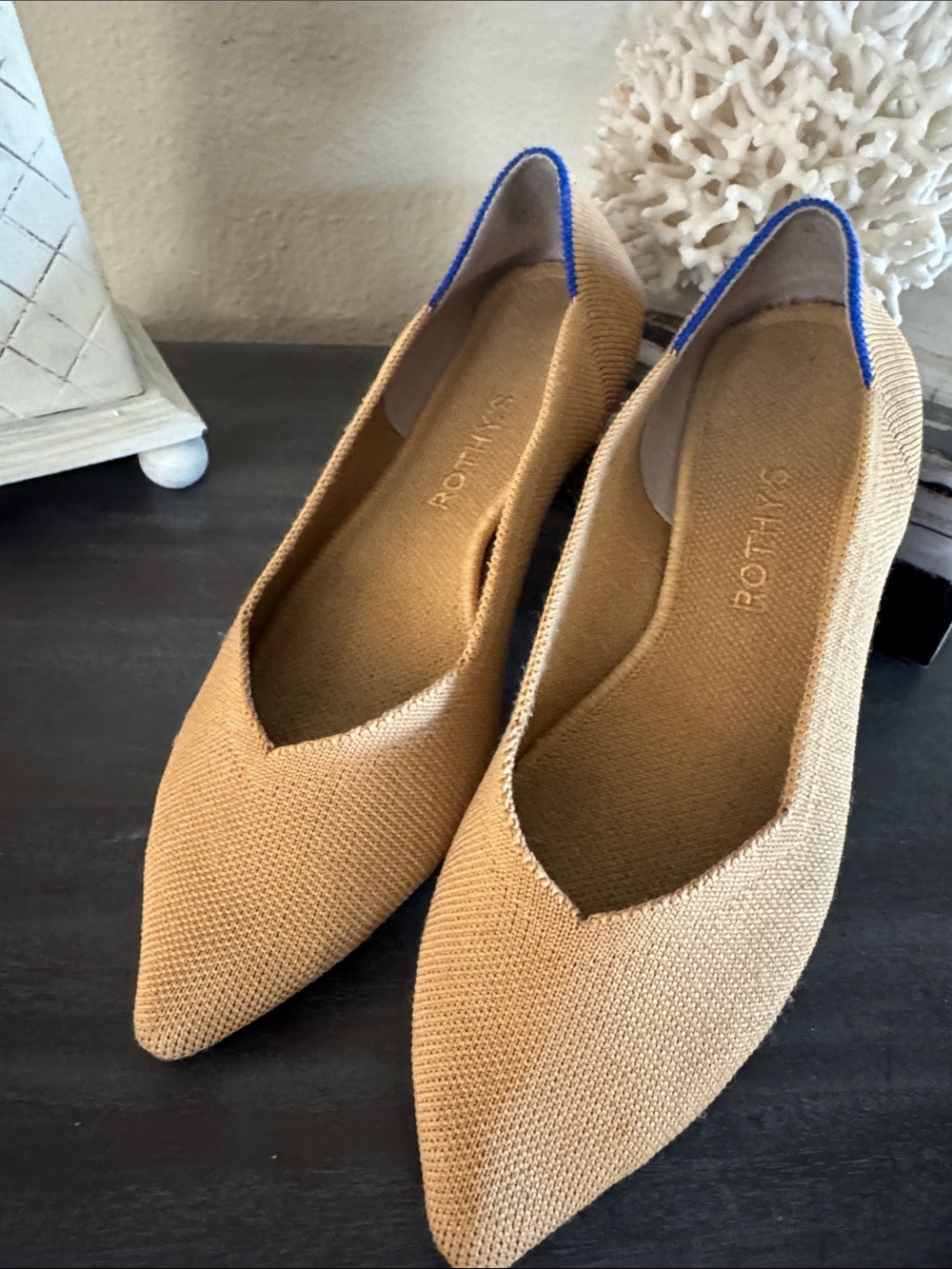 Rothy's Tan Pointed Knit Flats with Blue Trim